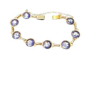 Small Vintage silver colored bracelet blue flowers slide clasp safety chain EVC